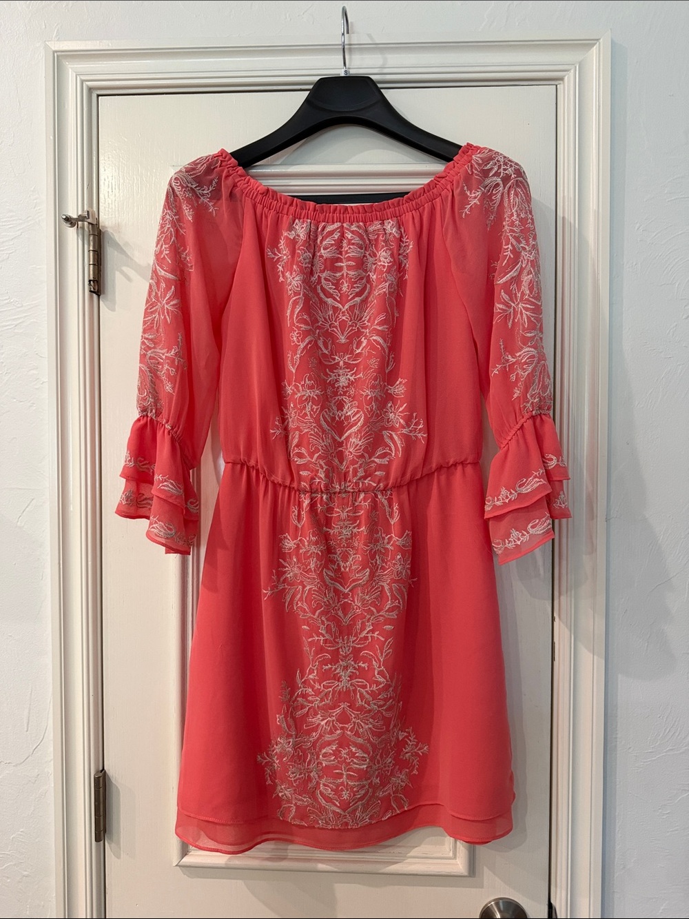 White House Black Market Coral Dress with White and silver Embroidery